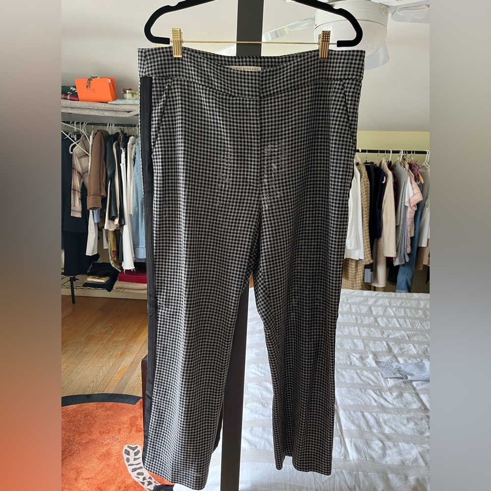 Veronica Beard Women’s Black and White Checkered Pants with Grosgrain detail